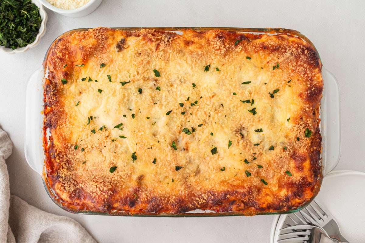 million dollar baked spaghetti in a baking dish